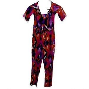 Vintage Geometric Print Jumpsuit Retro 80s Colorful One Piece Bodysuit